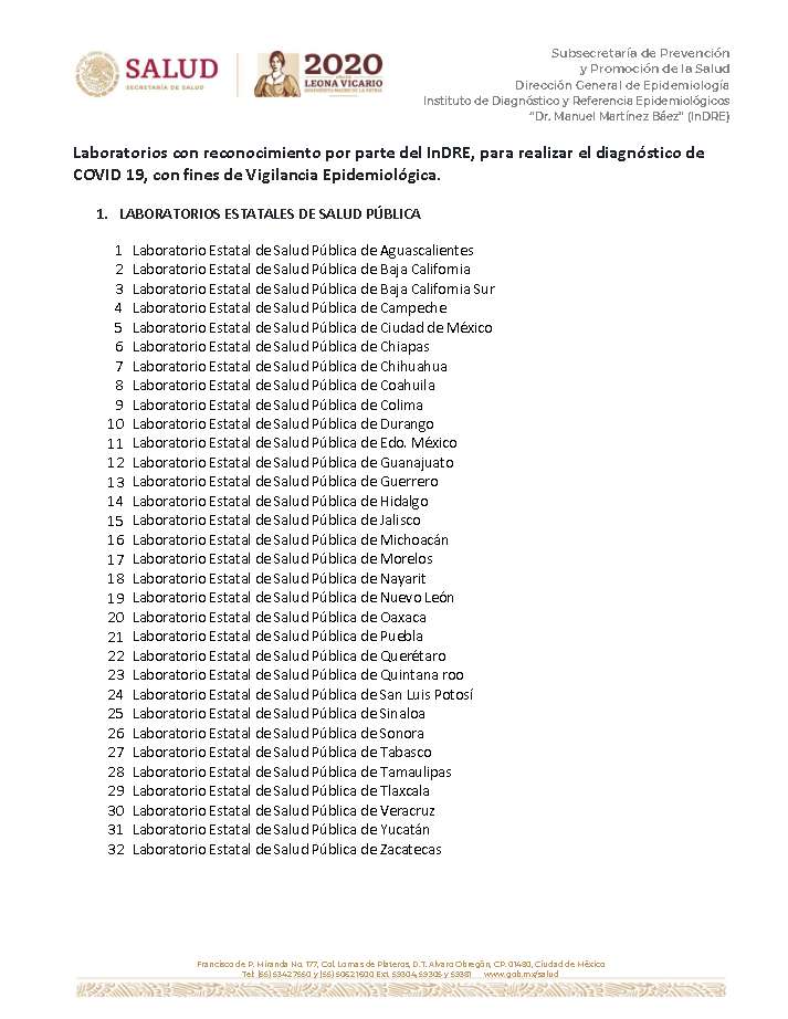 Los laboratorios estatales de Salud Pública son los siguientes: